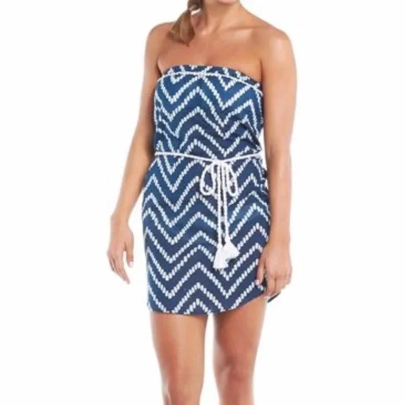 Mud Pie Women's Allison Strapless Navy Blue Chevron Swim Cover-Up NWT L (12-14) - Picture 1 of 10